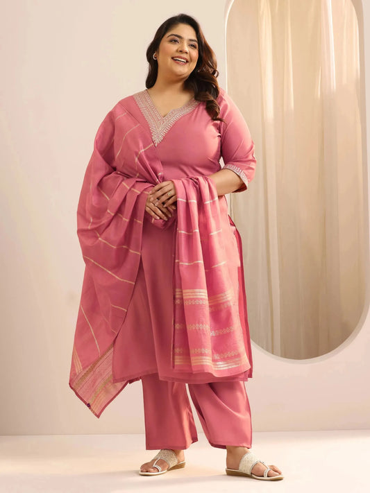 Plus Size Peach Yoke Design Silk Blend Straight Suit Set With Dupatta