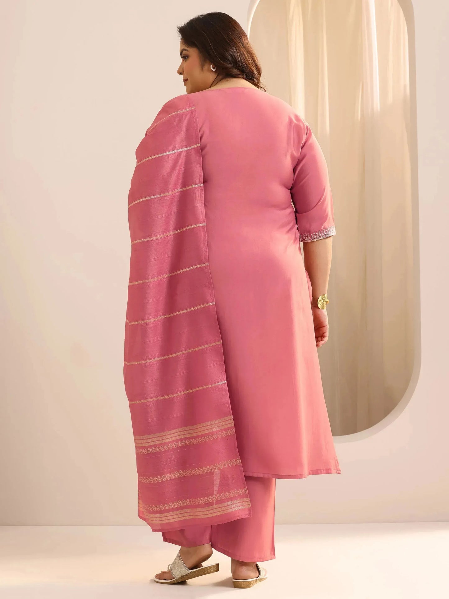 Plus Size Peach Yoke Design Silk Blend Straight Suit Set With Dupatta