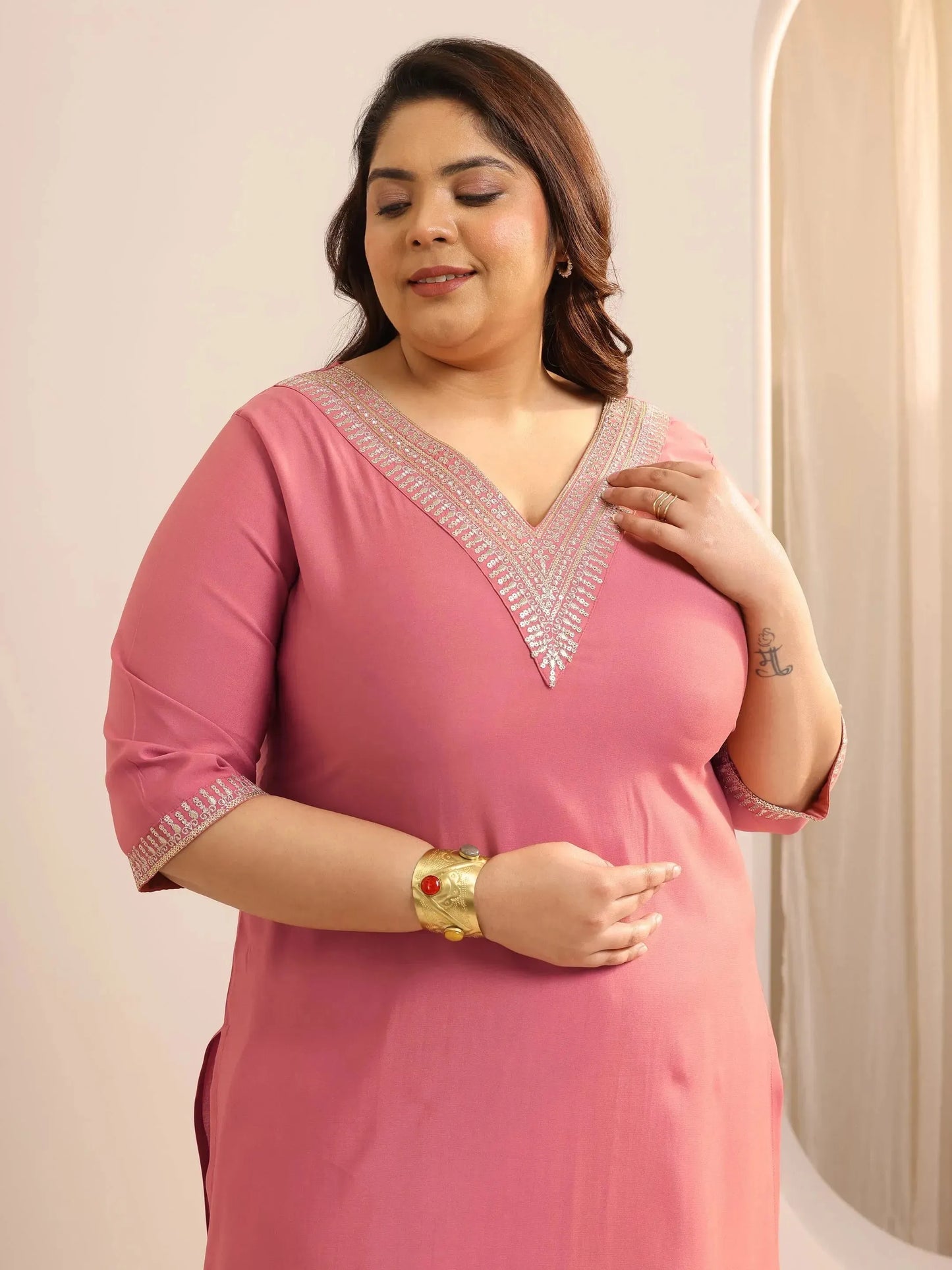 Plus Size Peach Yoke Design Silk Blend Straight Suit Set With Dupatta