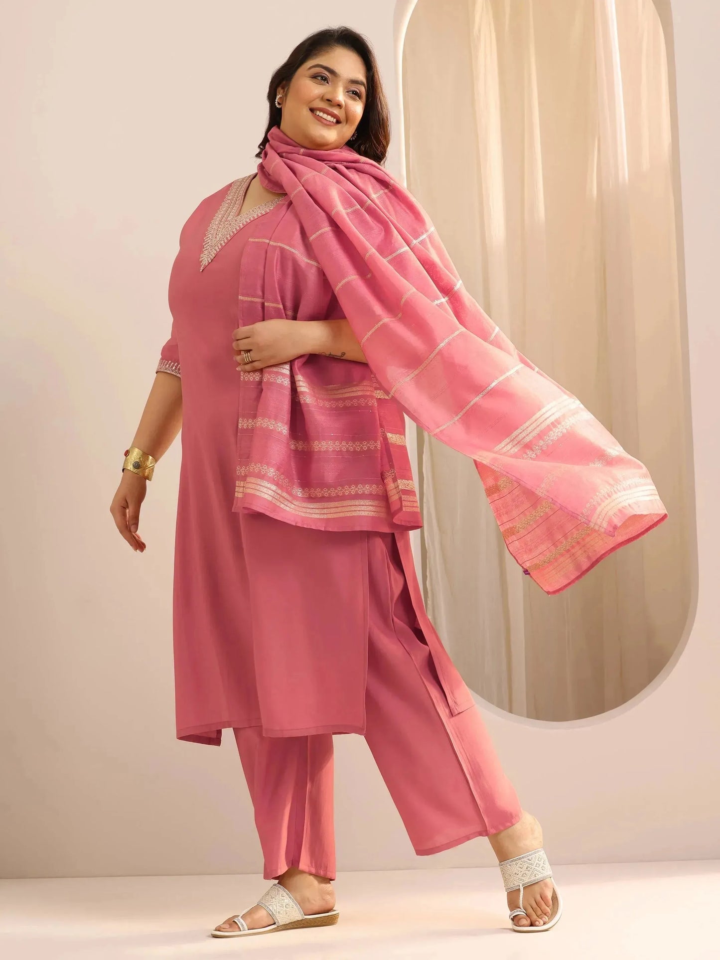 Plus Size Peach Yoke Design Silk Blend Straight Suit Set With Dupatta
