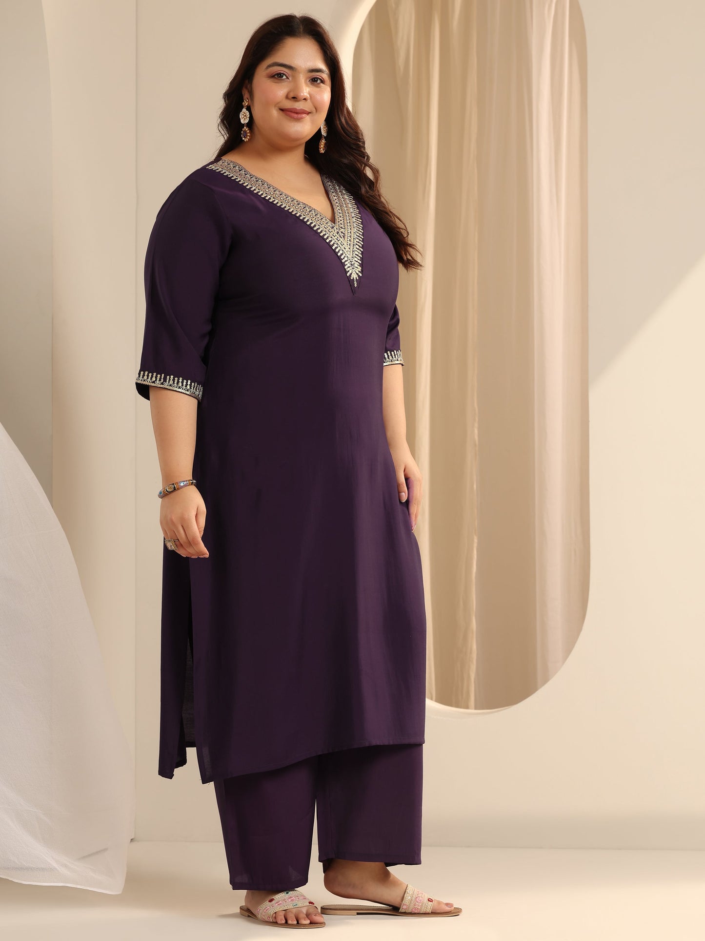 Plus Size Burgundy Yoke Design Silk blend Straight Suit Set With Dupatta