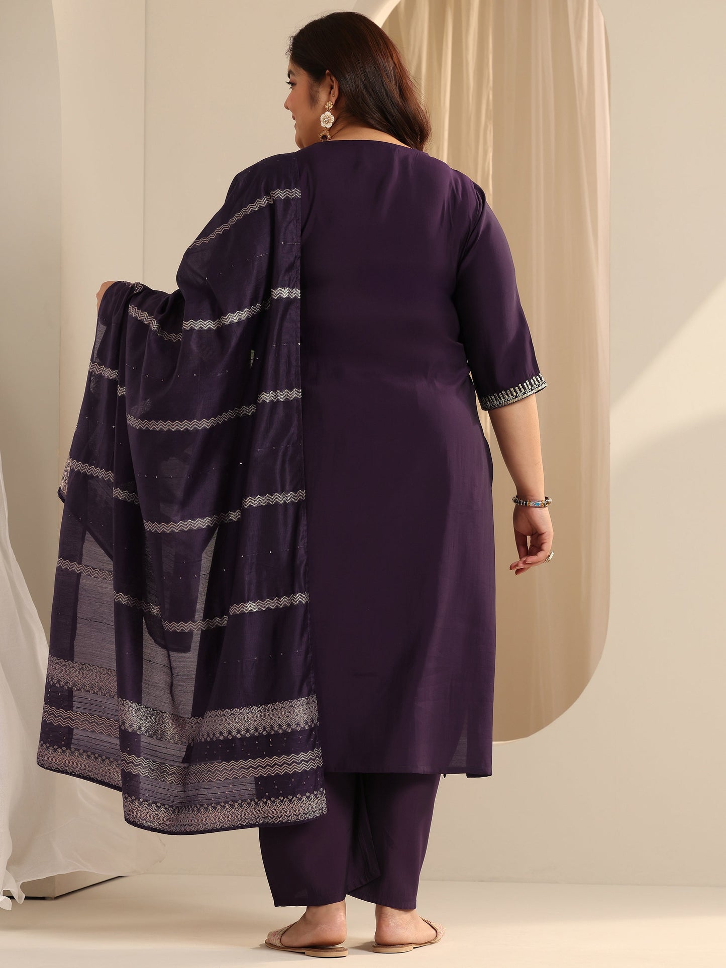 Plus Size Burgundy Yoke Design Silk blend Straight Suit Set With Dupatta