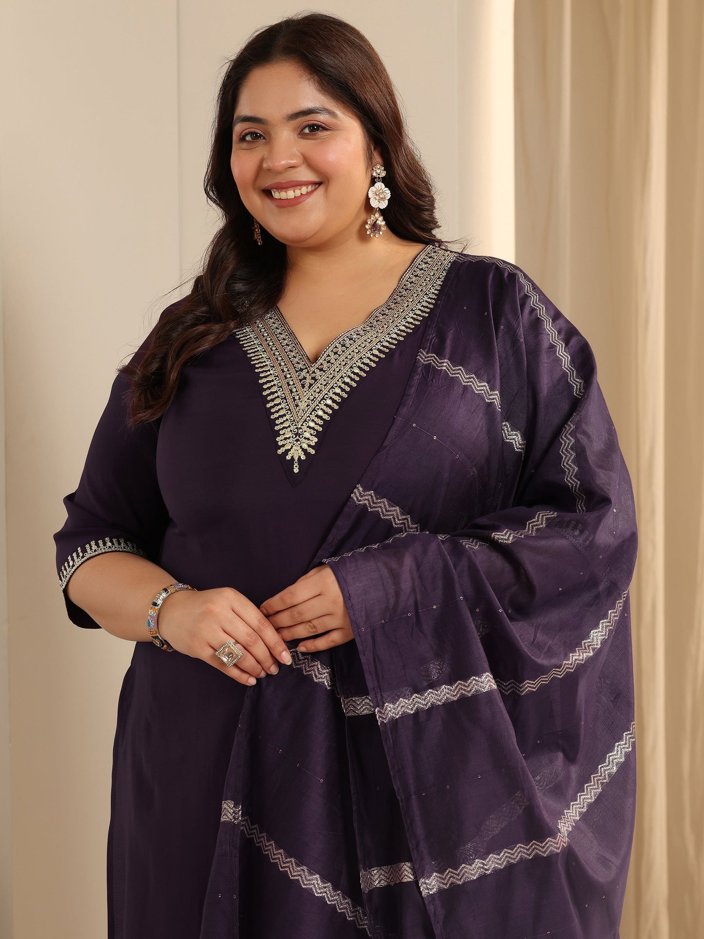 Plus Size Burgundy Yoke Design Silk blend Straight Suit Set With Dupatta