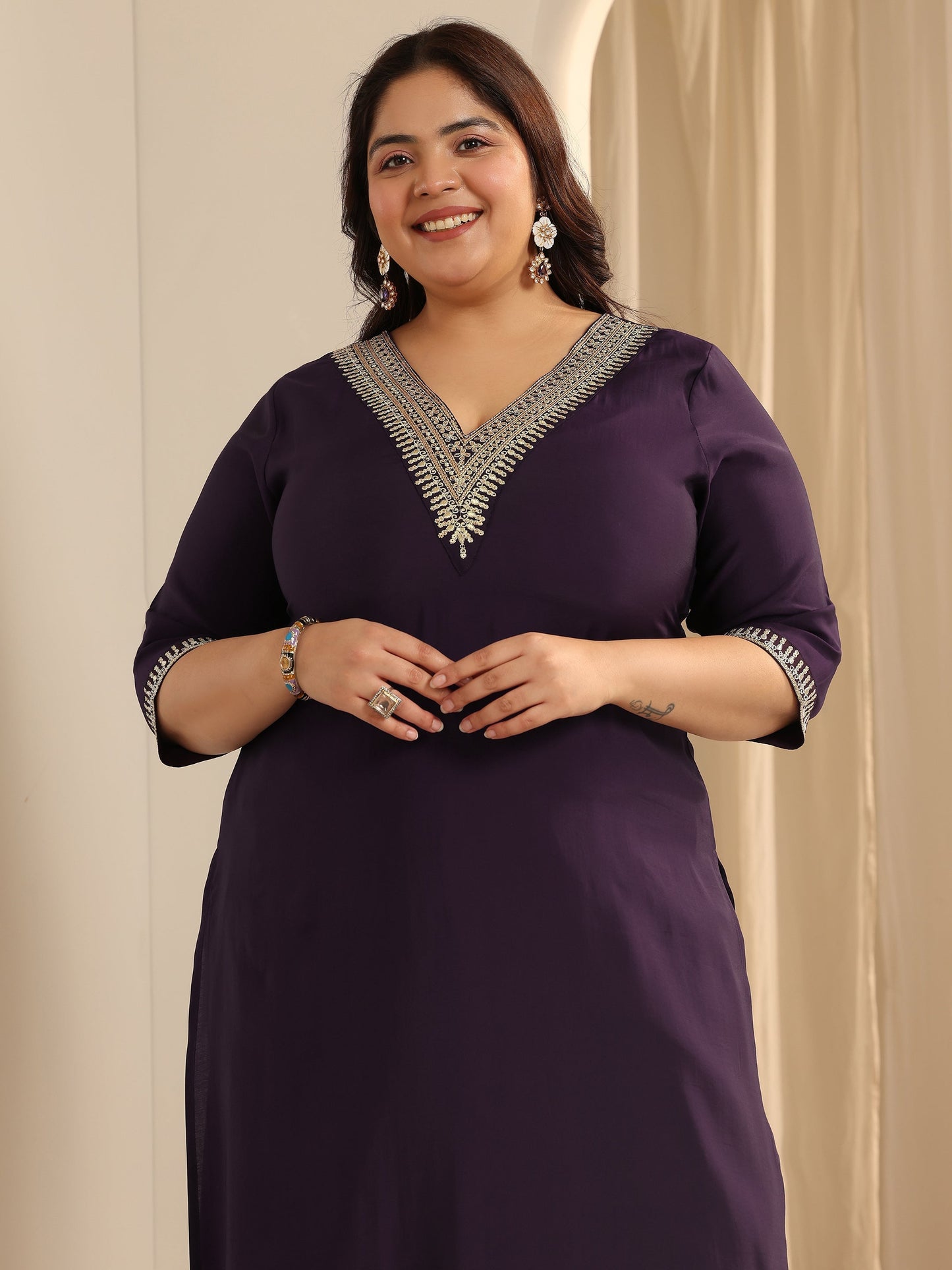 Plus Size Burgundy Yoke Design Silk blend Straight Suit Set With Dupatta