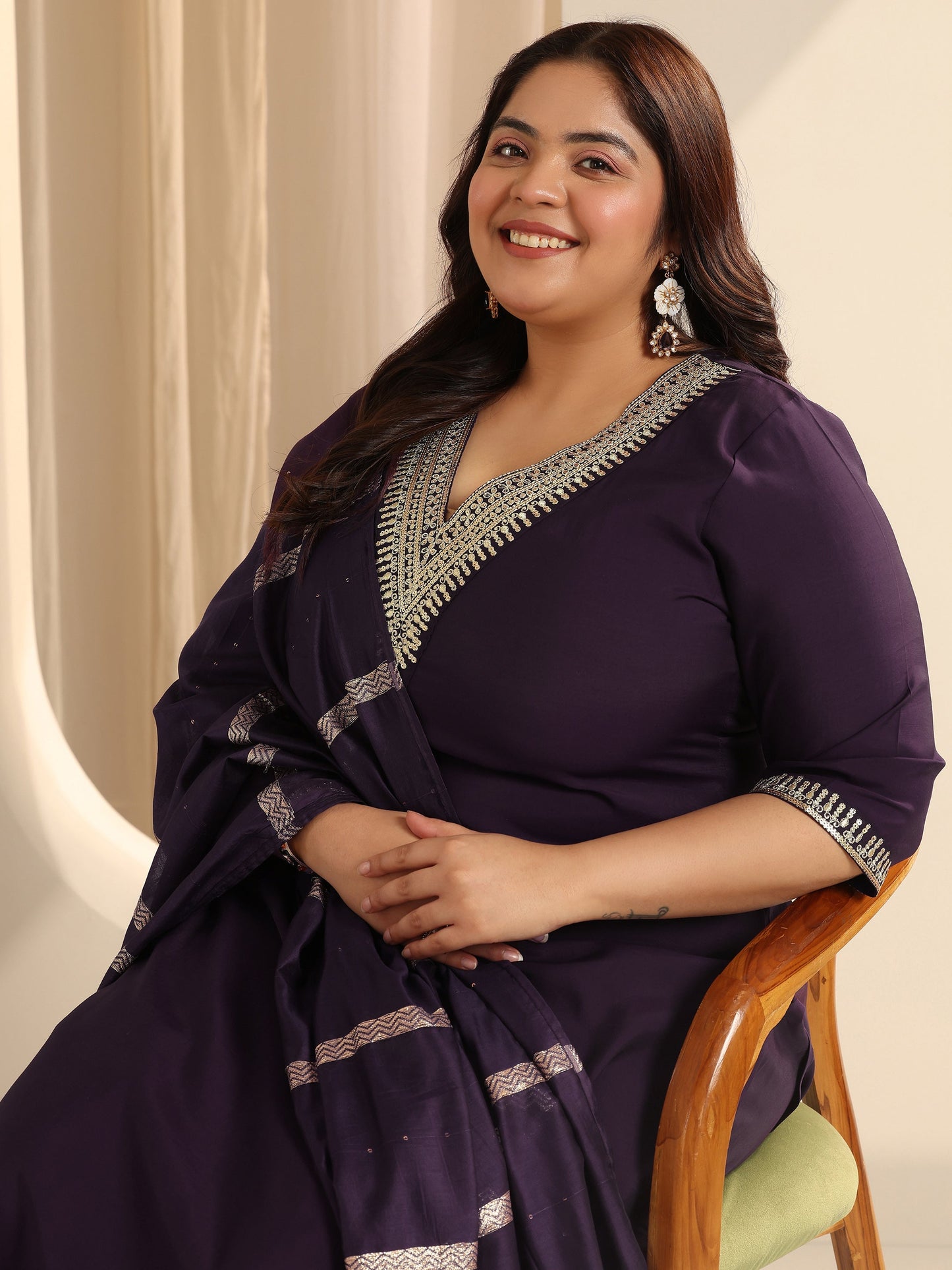 Plus Size Burgundy Yoke Design Silk blend Straight Suit Set With Dupatta