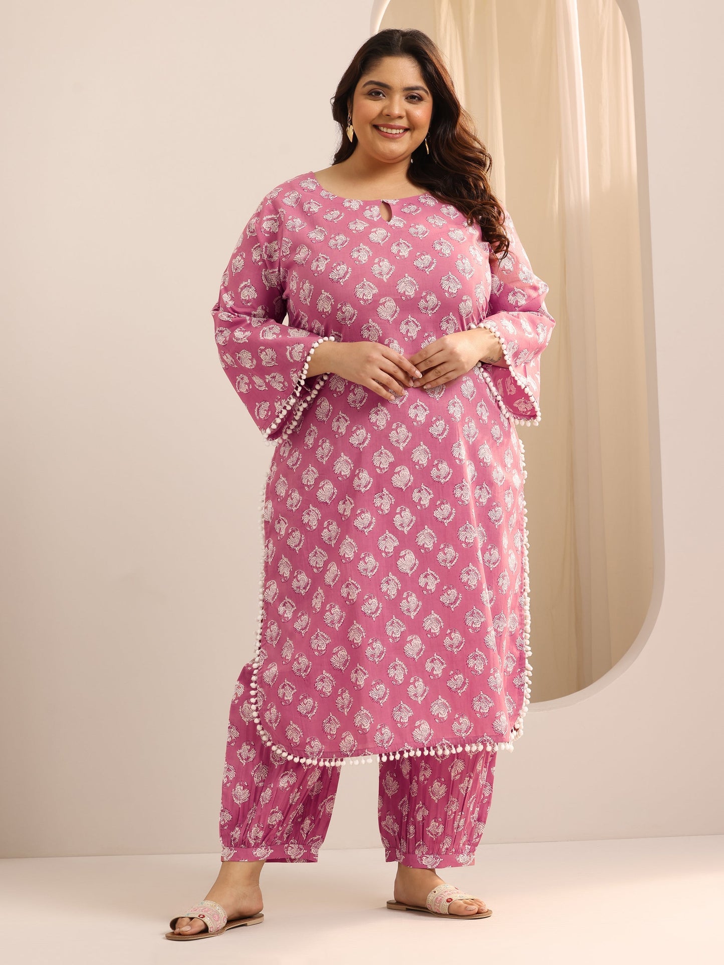 Plus Size Peach Printed Cotton Straight Kurta Set
