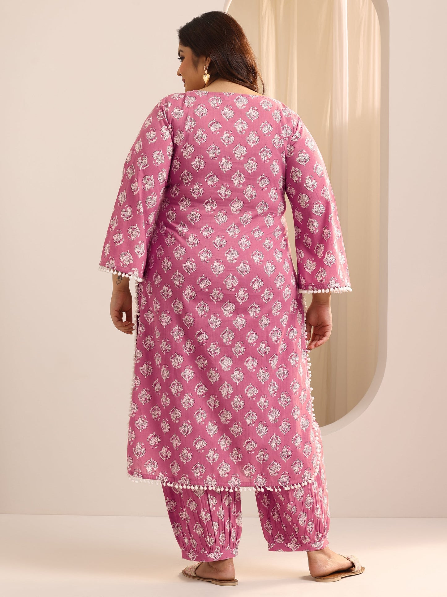 Plus Size Peach Printed Cotton Straight Kurta Set