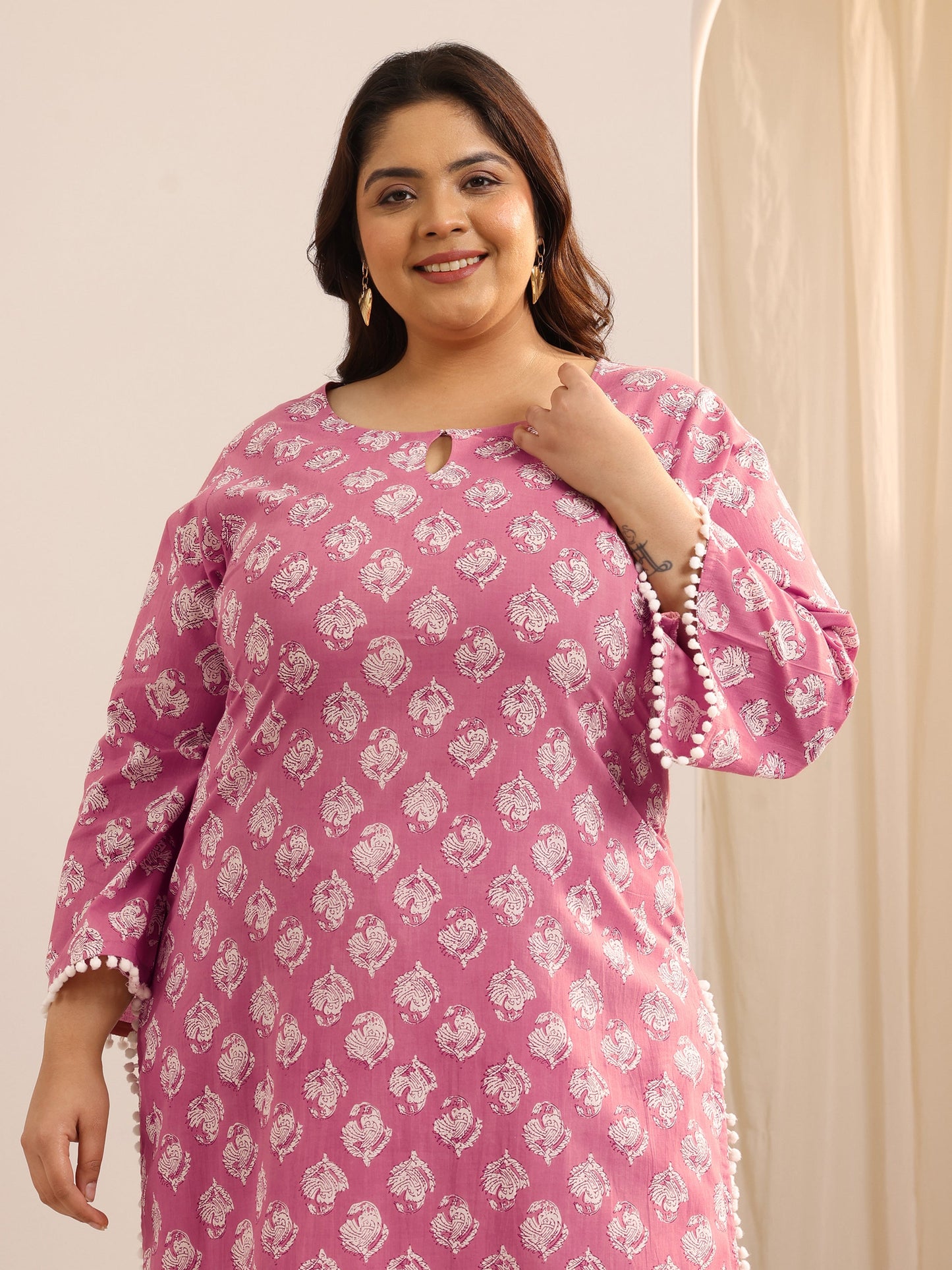 Plus Size Peach Printed Cotton Straight Kurta Set