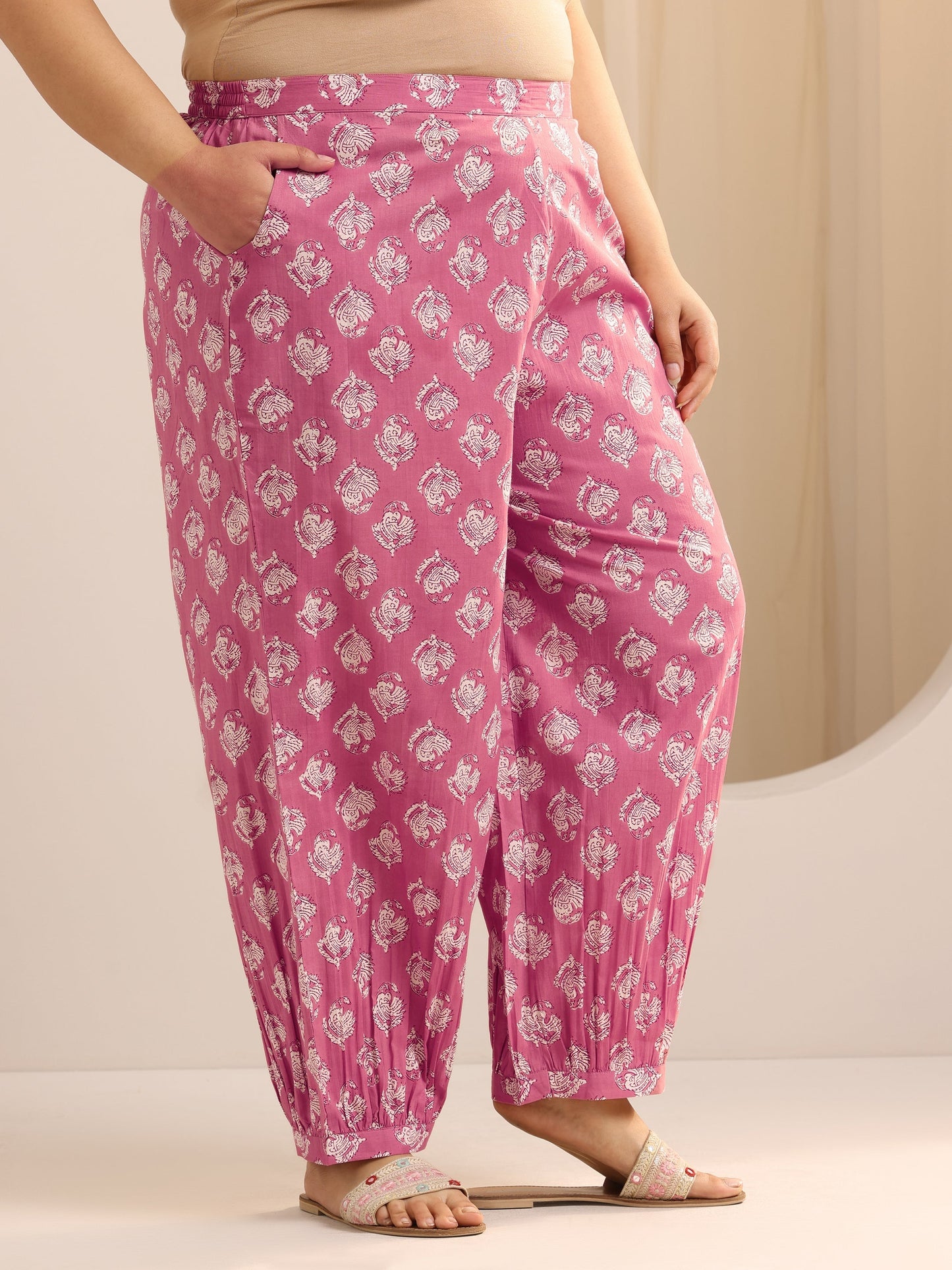 Plus Size Peach Printed Cotton Straight Kurta Set