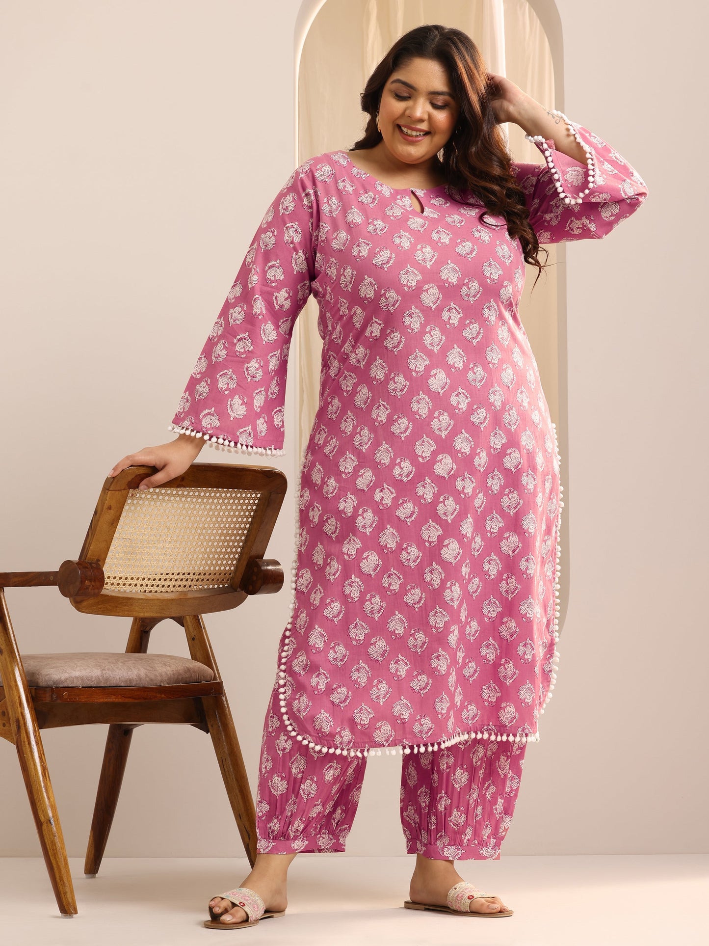Plus Size Peach Printed Cotton Straight Kurta Set