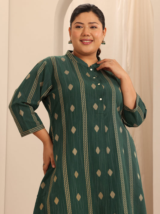 Plus Size Green Woven Design Cotton Blend Straight Kurta Set