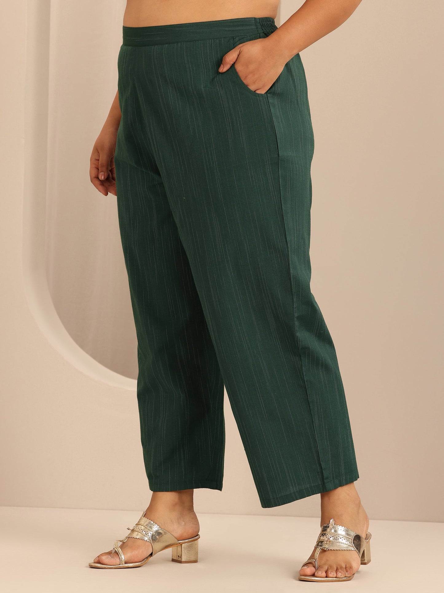 Plus Size Green Woven Design Cotton Blend Straight Kurta Set