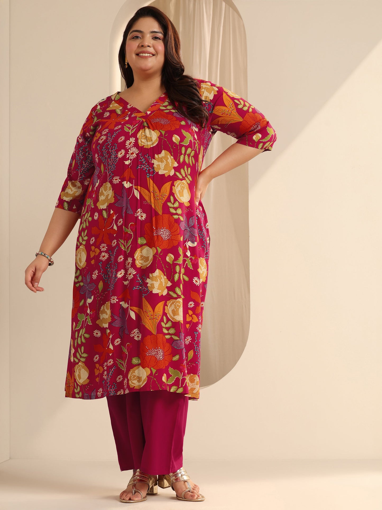 Plus Size Red Printed Viscose Straight Kurta Set