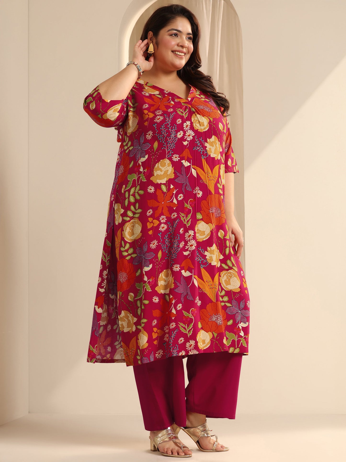 Plus Size Red Printed Viscose Straight Kurta Set