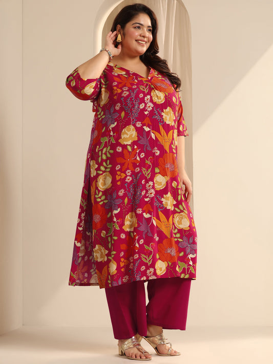 Plus Size Red Printed Viscose Straight Kurta Set