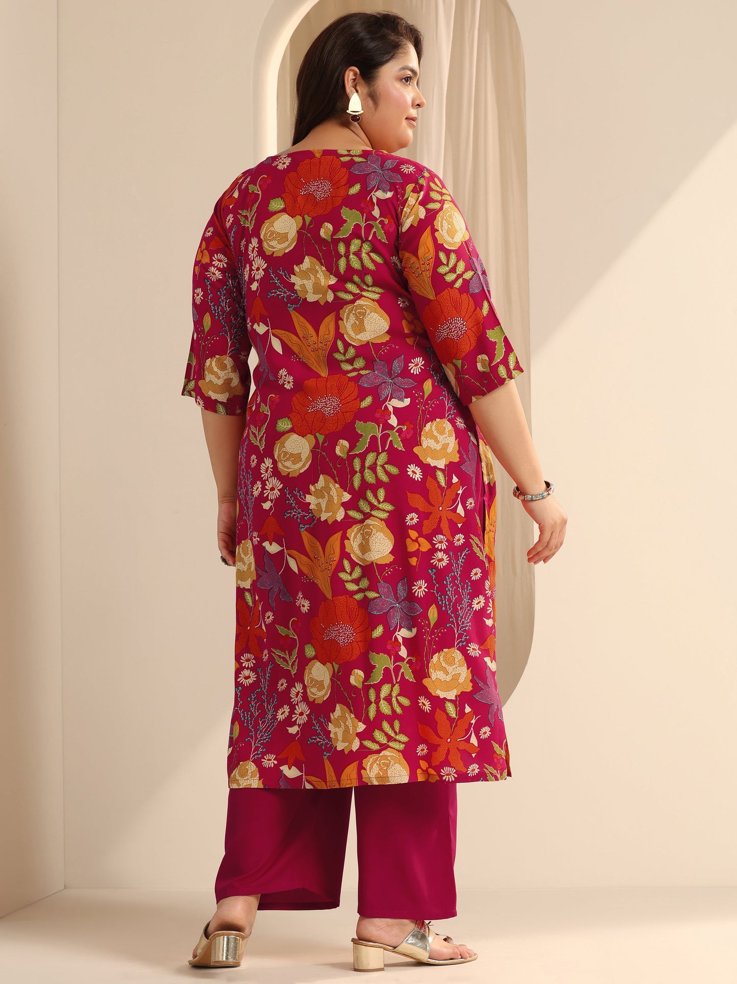 Plus Size Red Printed Viscose Straight Kurta Set