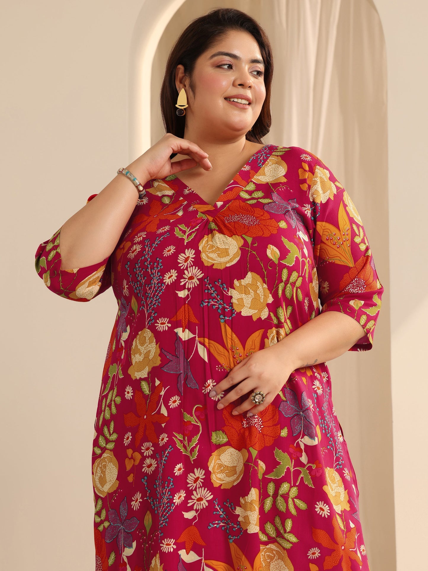 Plus Size Red Printed Viscose Straight Kurta Set