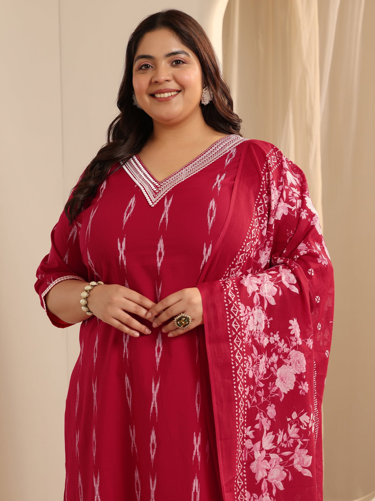 Red Woven Design Cotton Blend Straight Suit Set With Dupatta