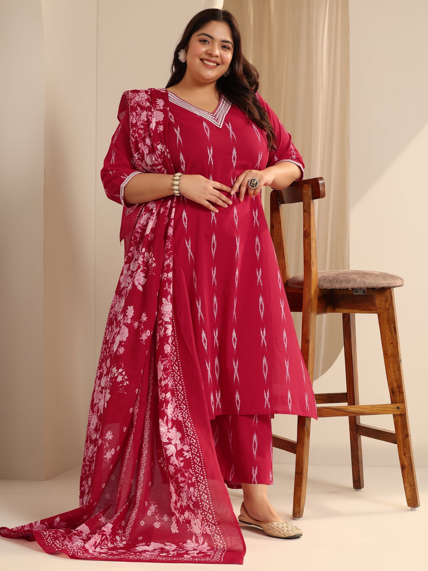 Red Woven Design Cotton Blend Straight Suit Set With Dupatta