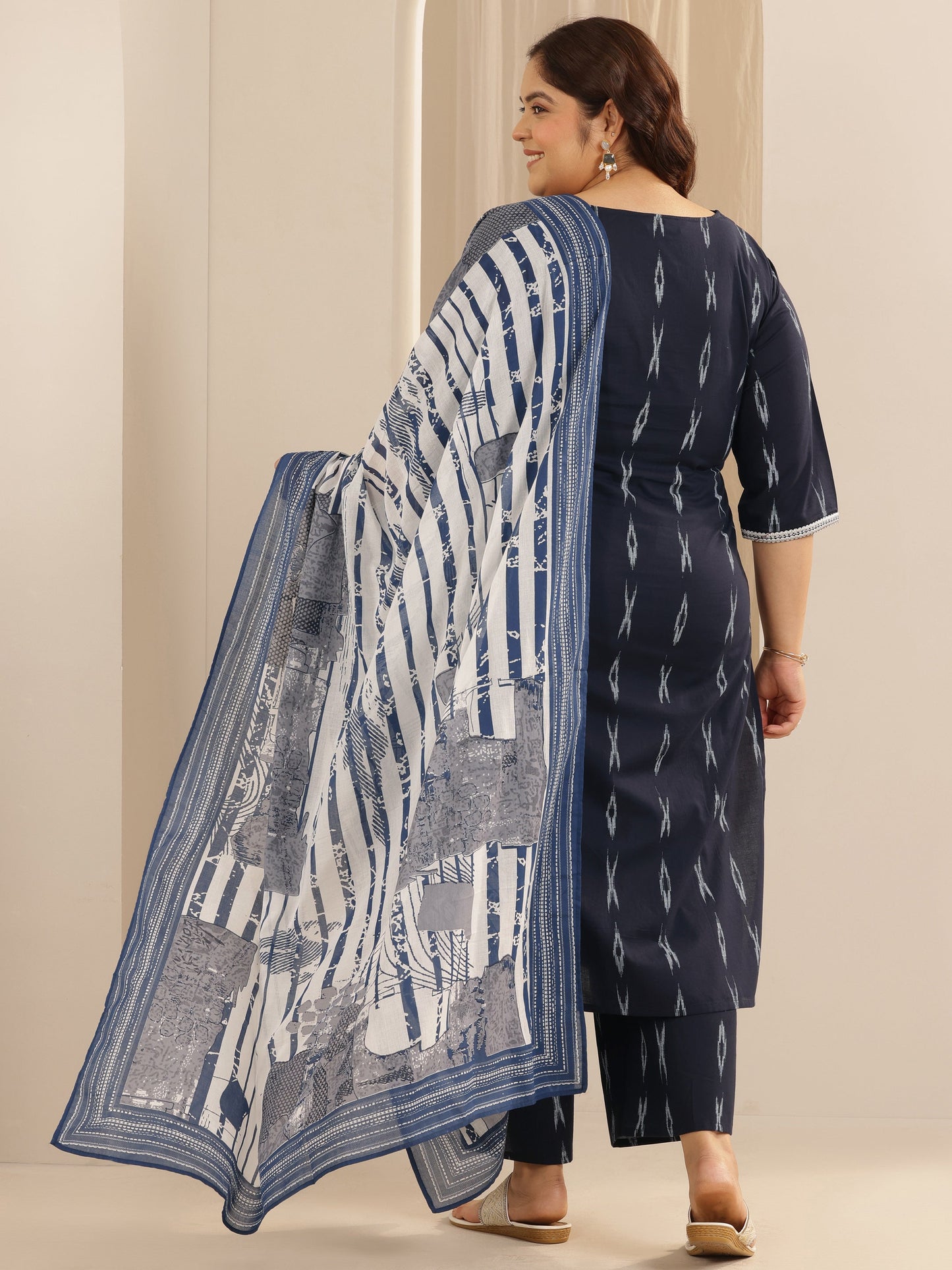 Plus Size Blue Woven Design Cotton Blend Straight Suit Set With Dupatta