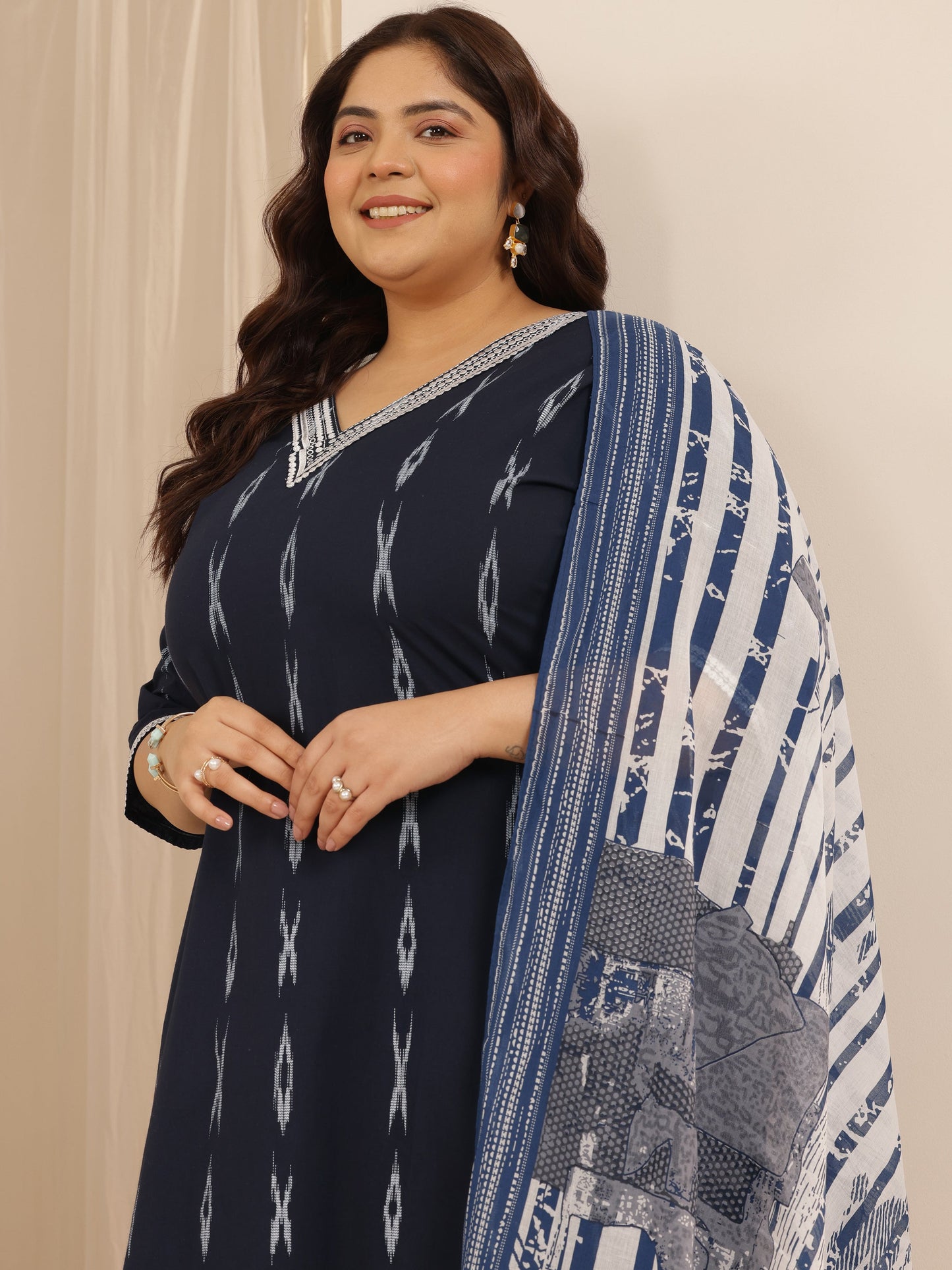 Plus Size Blue Woven Design Cotton Blend Straight Suit Set With Dupatta