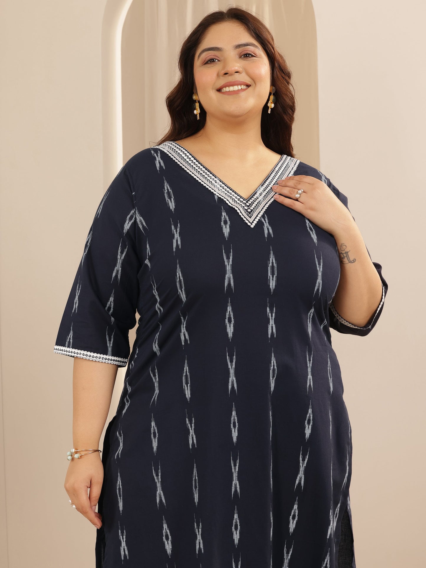 Plus Size Blue Woven Design Cotton Blend Straight Suit Set With Dupatta