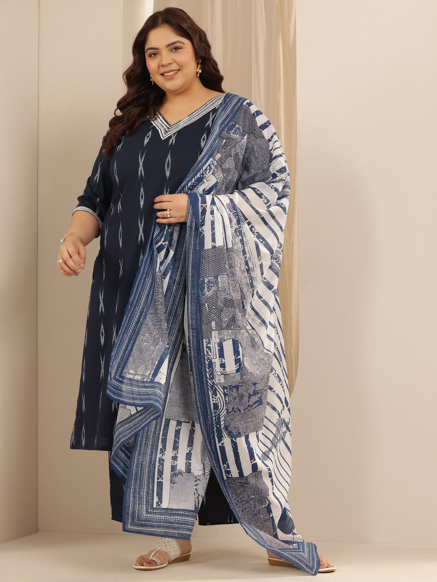 Plus Size Blue Woven Design Cotton Blend Straight Suit Set With Dupatta