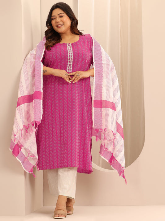 Plus Size Pink Woven Design Cotton Blend Straight Suit Set With Dupatta
