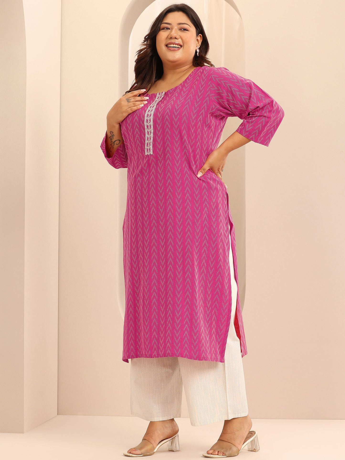 Plus Size Pink Woven Design Cotton Blend Straight Suit Set With Dupatta