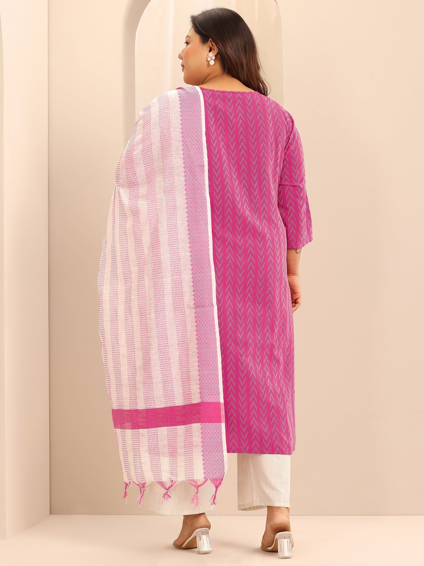 Plus Size Pink Woven Design Cotton Blend Straight Suit Set With Dupatta