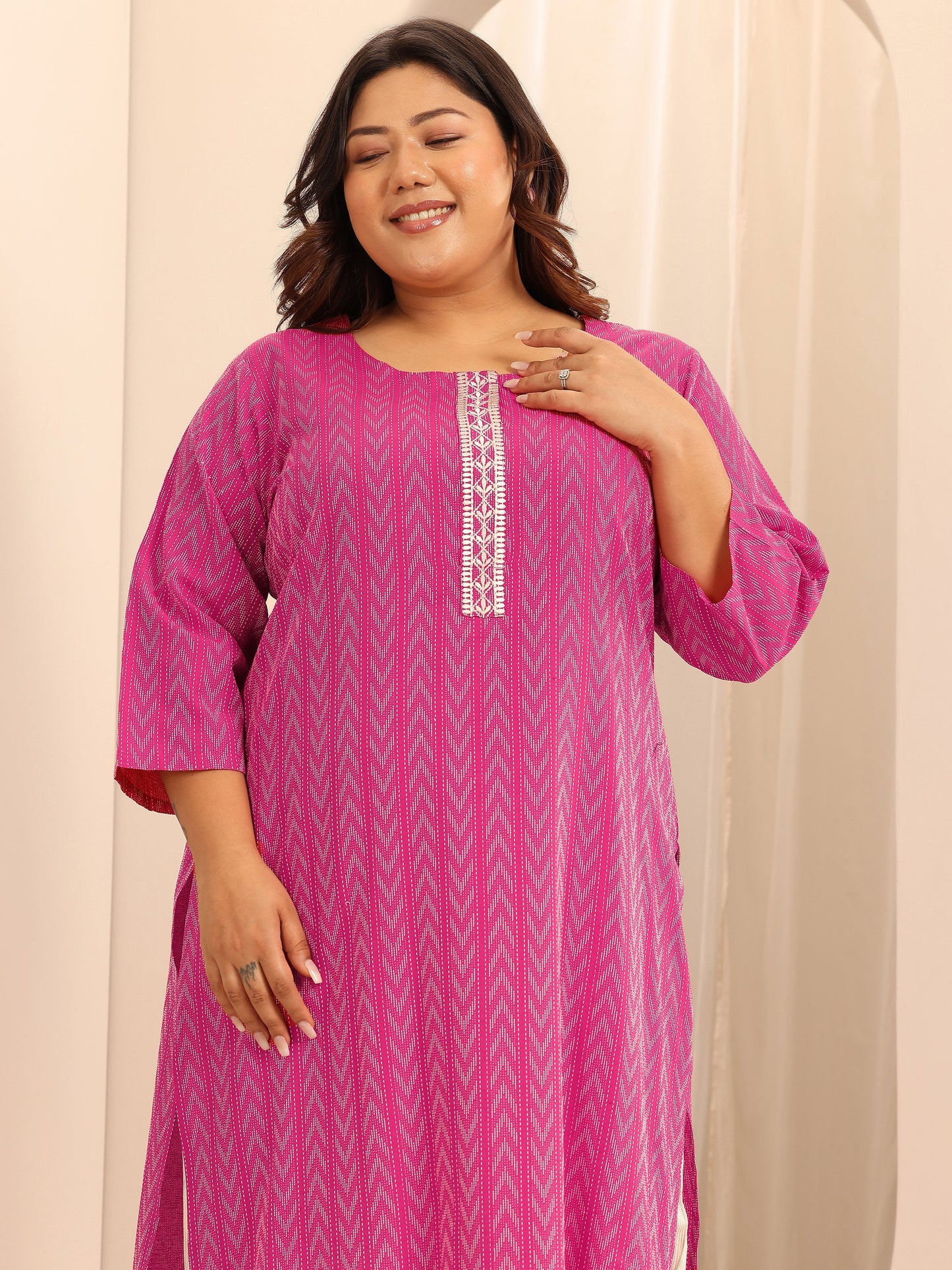 Plus Size Pink Woven Design Cotton Blend Straight Suit Set With Dupatta