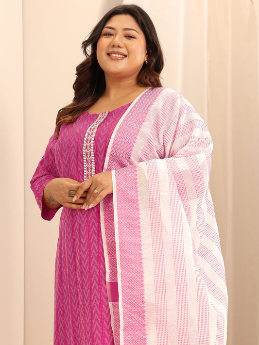 Plus Size Pink Woven Design Cotton Blend Straight Suit Set With Dupatta