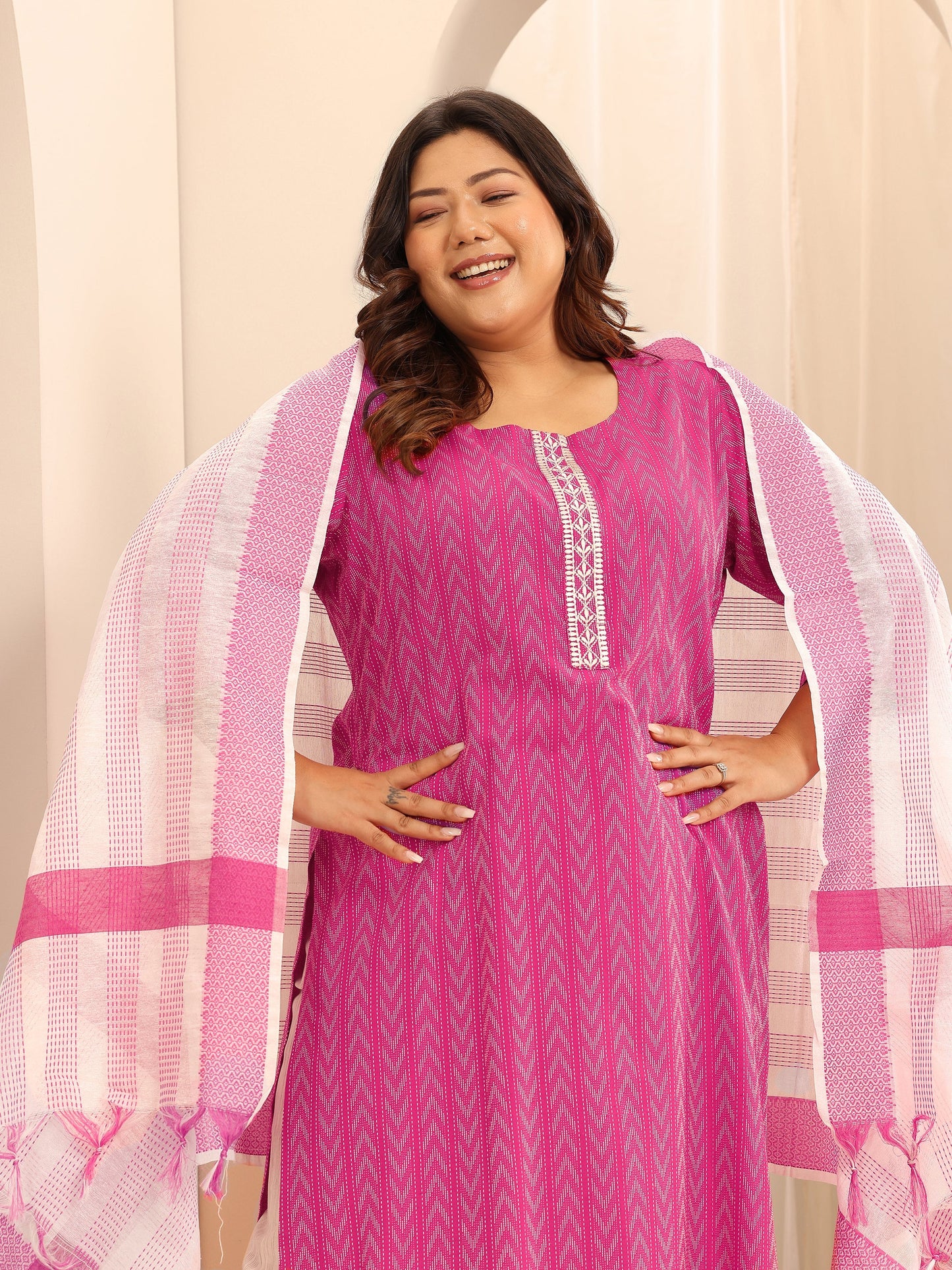 Plus Size Pink Woven Design Cotton Blend Straight Suit Set With Dupatta