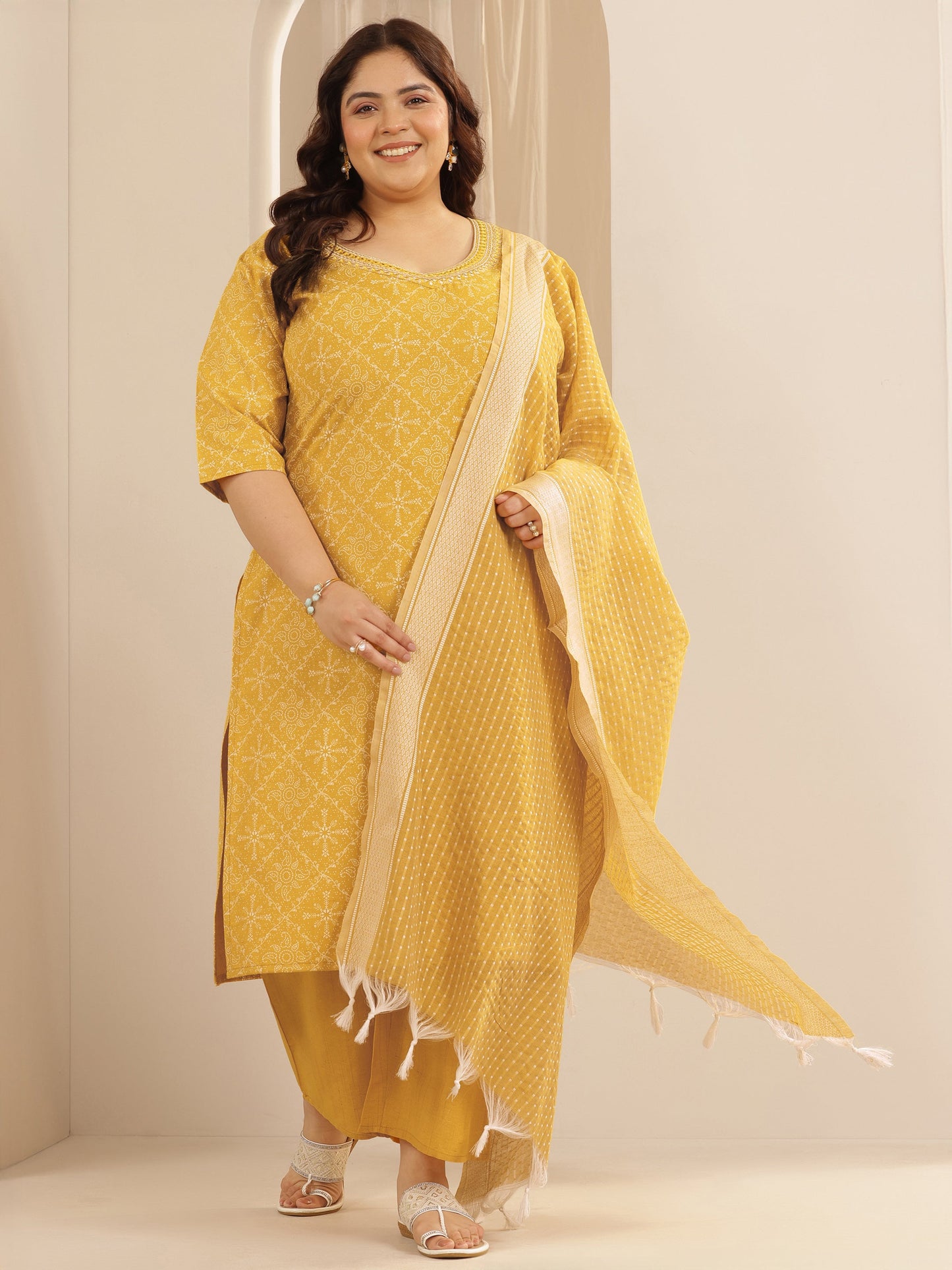 Plus Size Yellow Printed Cotton Blend Straight Suit Set With Dupatta