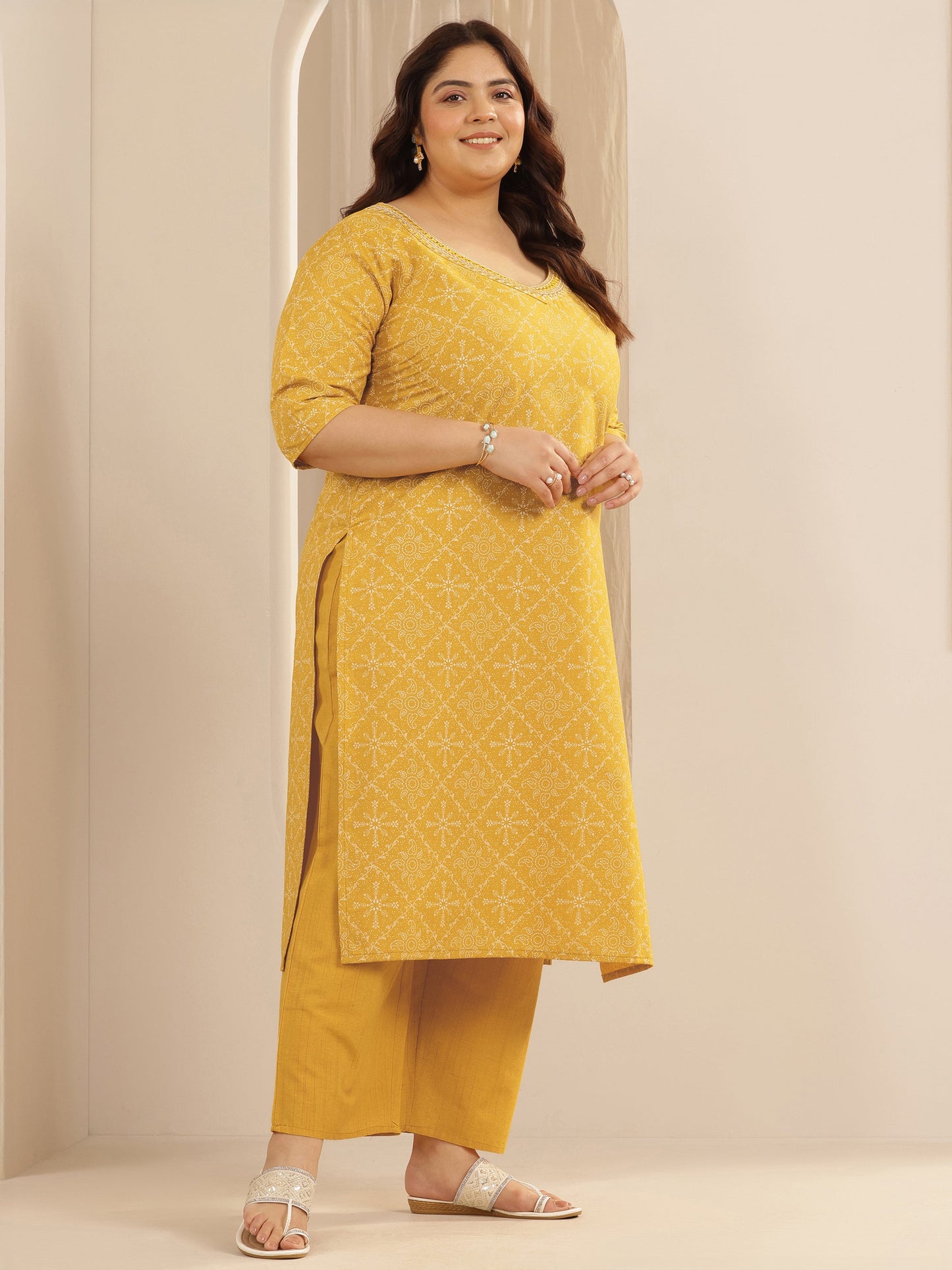 Plus Size Yellow Printed Cotton Blend Straight Suit Set With Dupatta