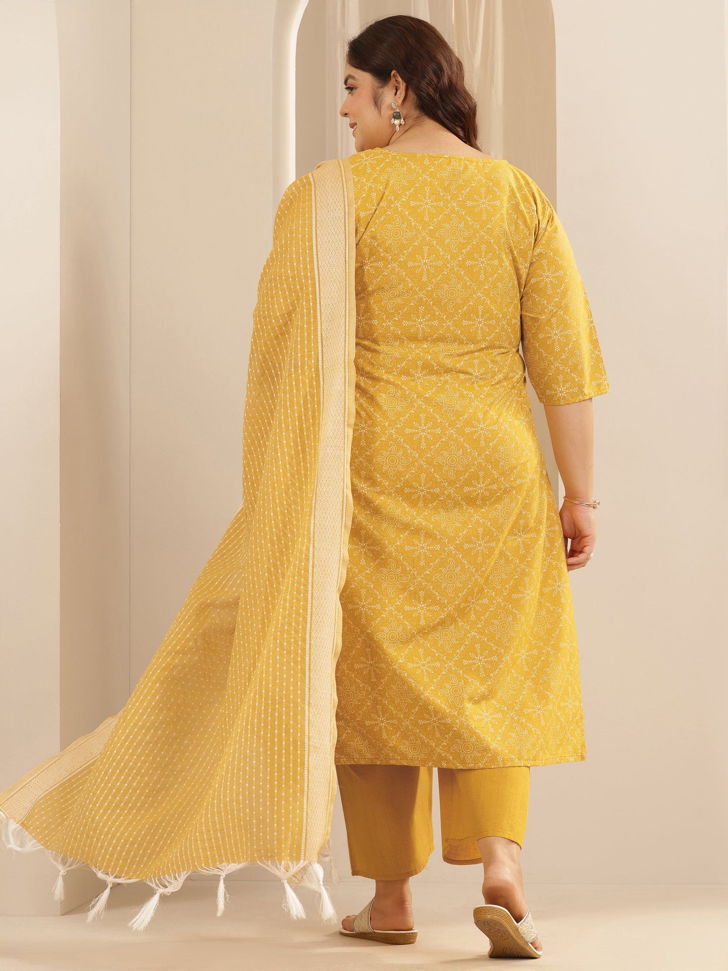 Plus Size Yellow Printed Cotton Blend Straight Suit Set With Dupatta