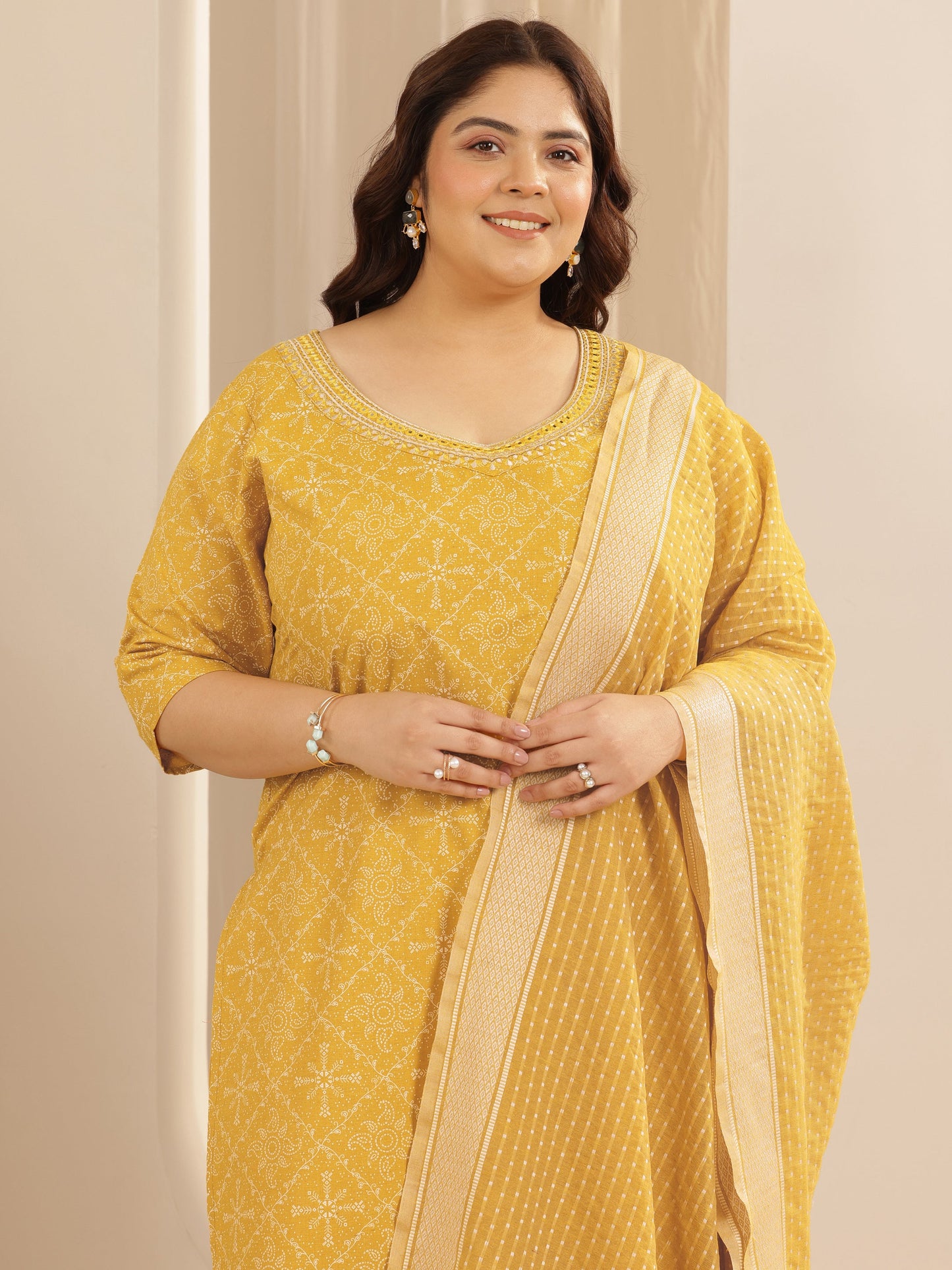 Plus Size Yellow Printed Cotton Blend Straight Suit Set With Dupatta