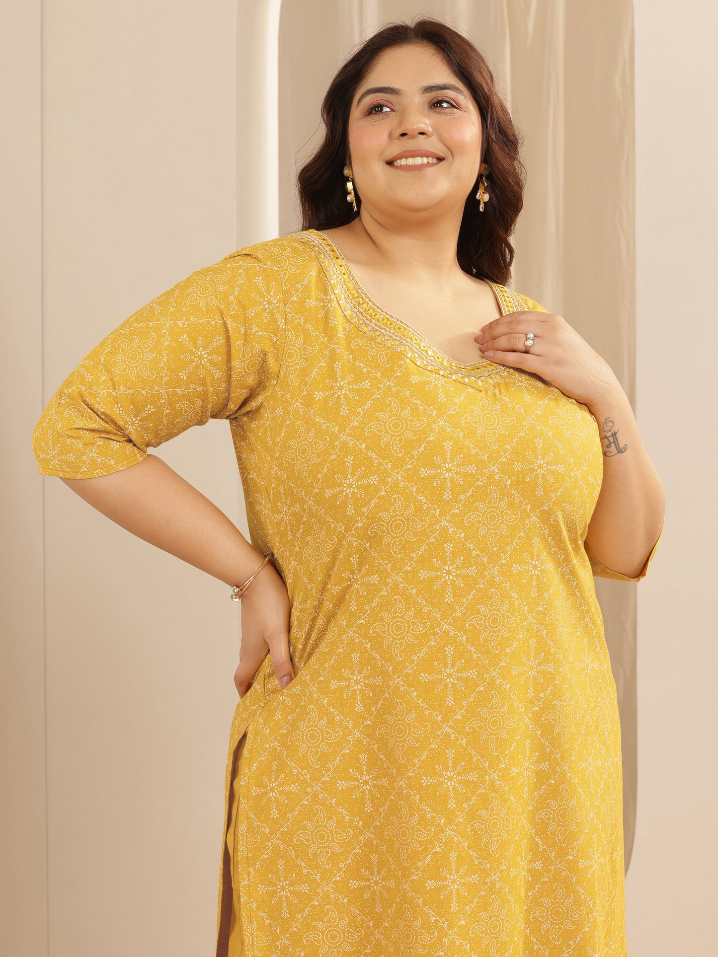 Plus Size Yellow Printed Cotton Blend Straight Suit Set With Dupatta