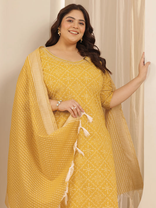 Plus Size Yellow Printed Cotton Blend Straight Suit Set With Dupatta