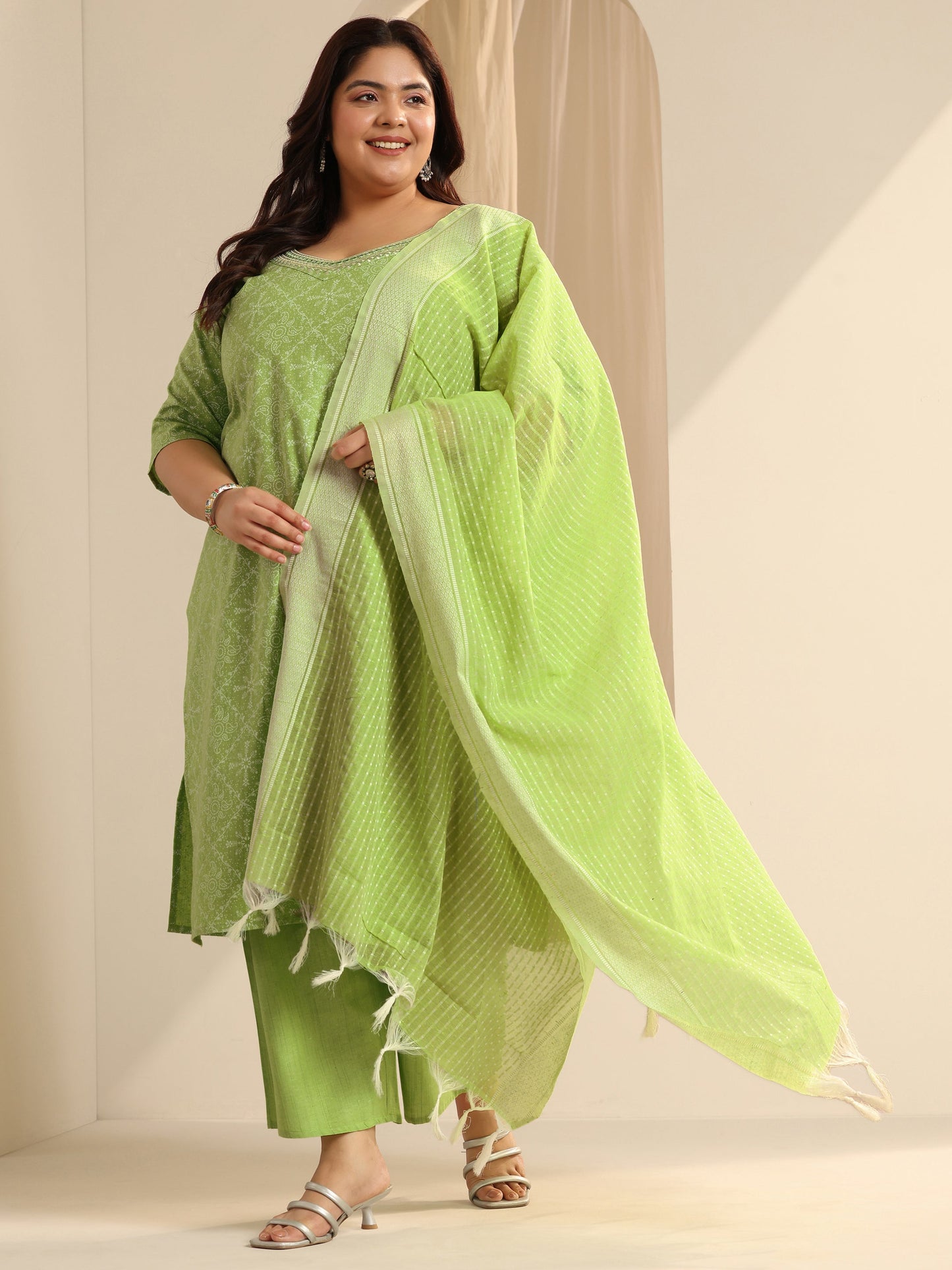 Plus Size Green Printed Cotton Blend Straight Suit Set With Dupatta