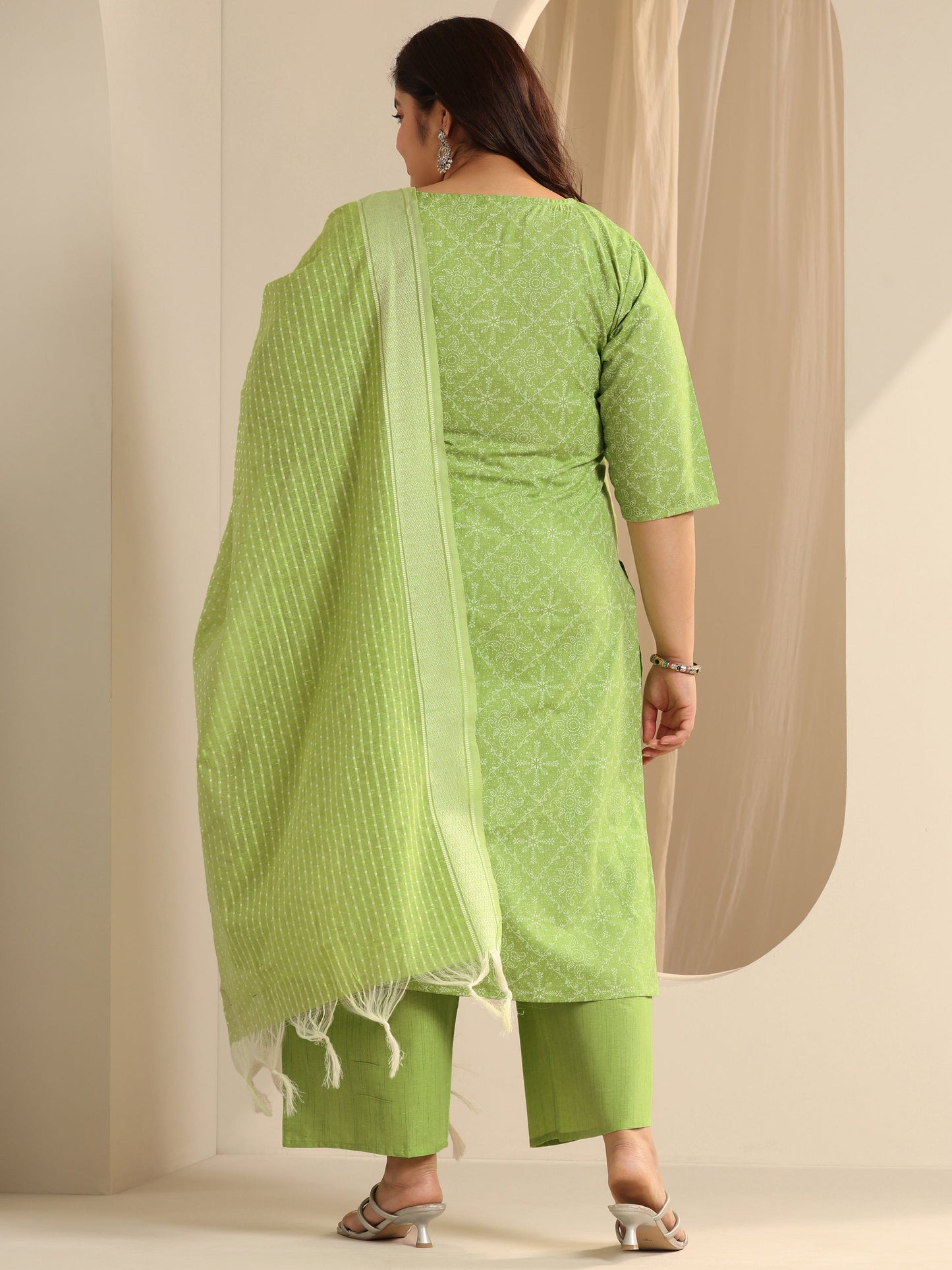 Plus Size Green Printed Cotton Blend Straight Suit Set With Dupatta