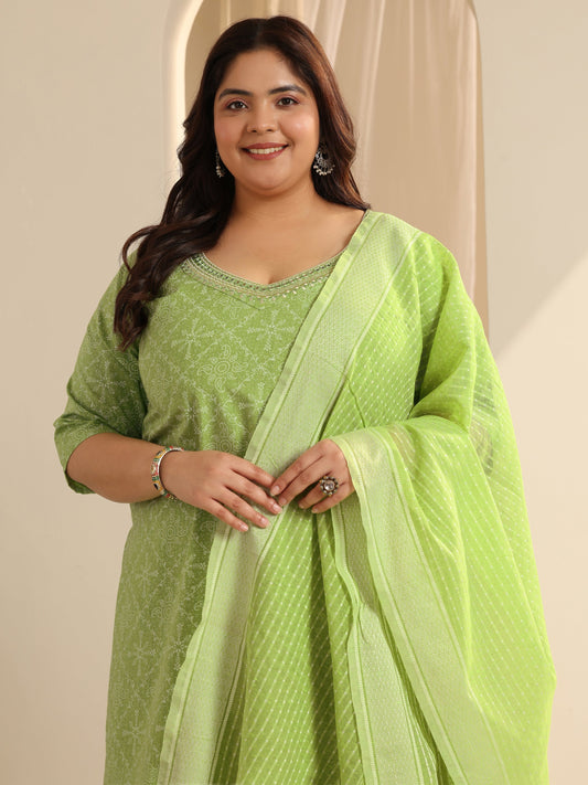 Plus Size Green Printed Cotton Blend Straight Suit Set With Dupatta