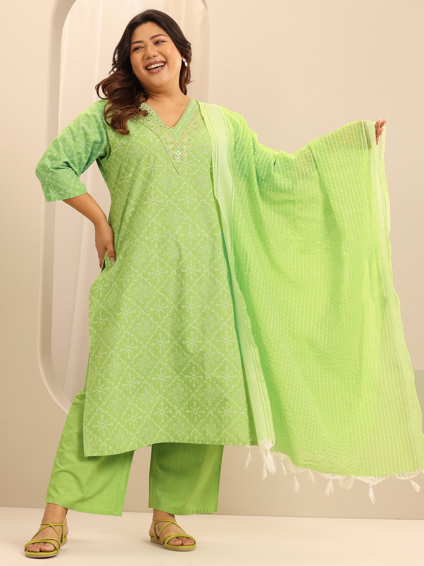 Plus Size Green Printed Cotton Blend Straight Suit Set With Dupatta