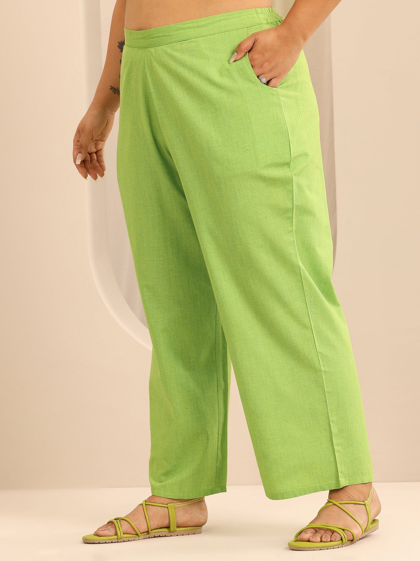 Plus Size Green Printed Cotton Blend Straight Suit Set With Dupatta