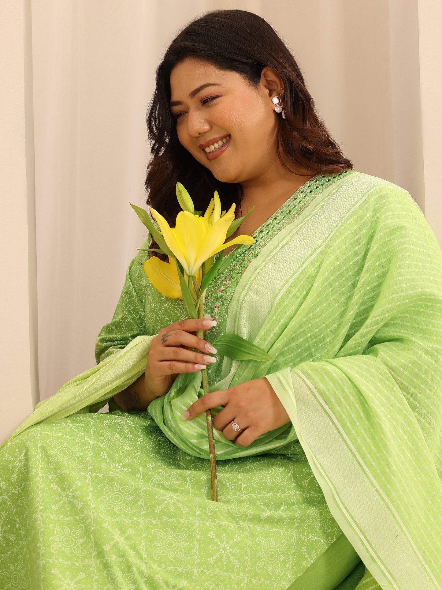 Plus Size Green Printed Cotton Blend Straight Suit Set With Dupatta