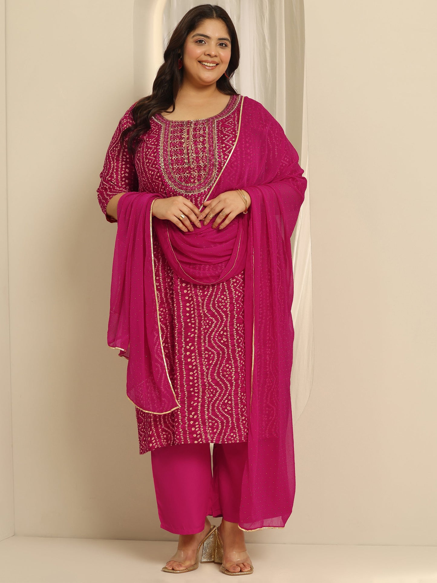 Plus Size Pink Printed Viscose Straight Suit Set With Dupatta