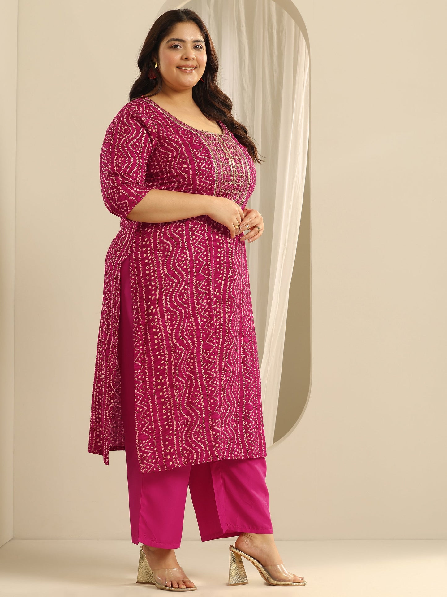 Plus Size Pink Printed Viscose Straight Suit Set With Dupatta
