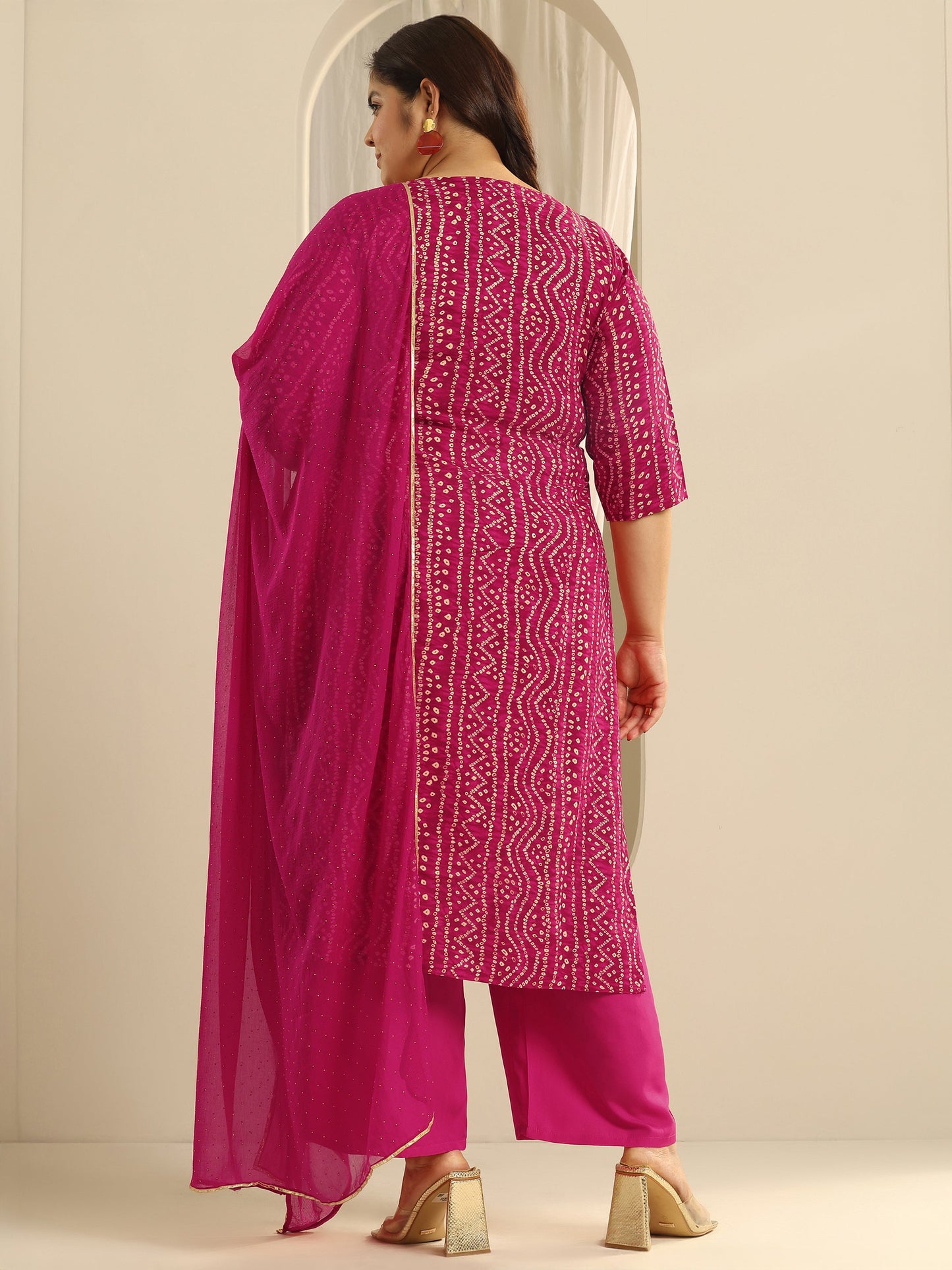 Plus Size Pink Printed Viscose Straight Suit Set With Dupatta
