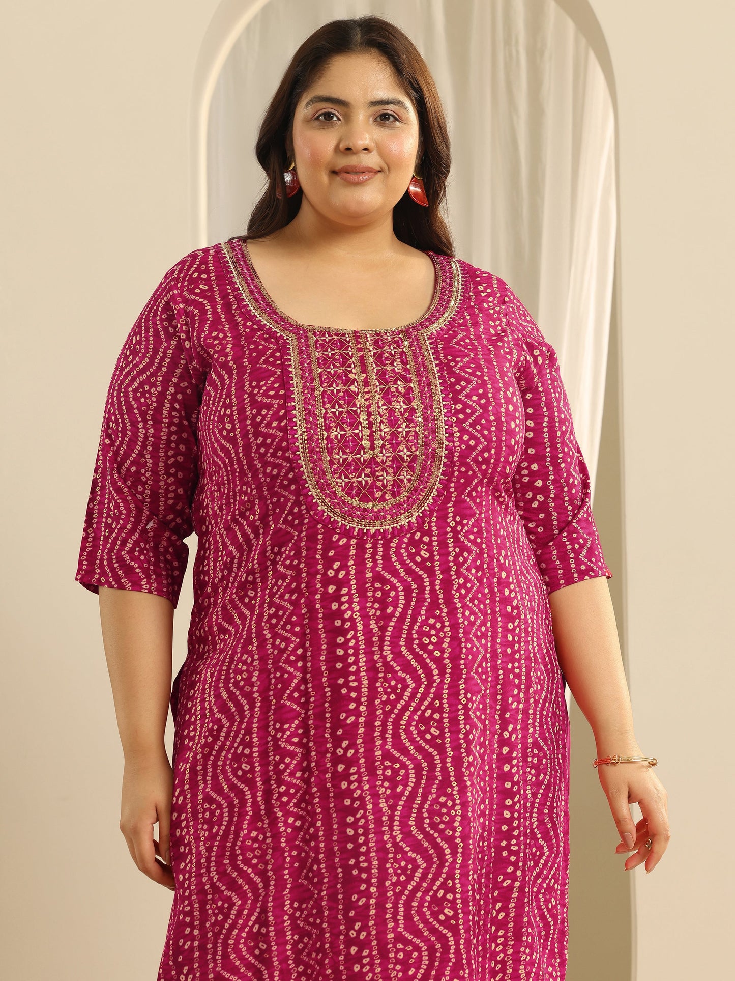 Plus Size Pink Printed Viscose Straight Suit Set With Dupatta