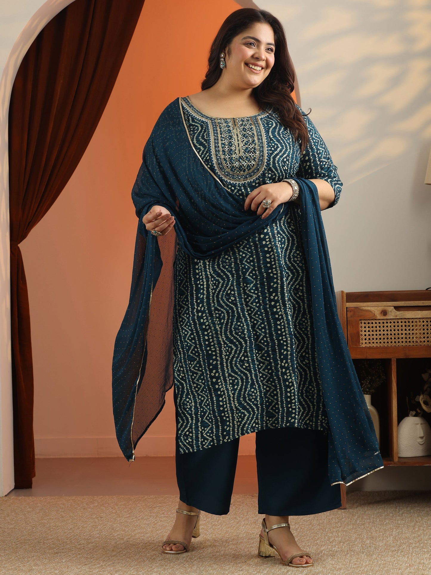 Plus Size Blue Printed Viscose Straight Suit Set With Dupatta